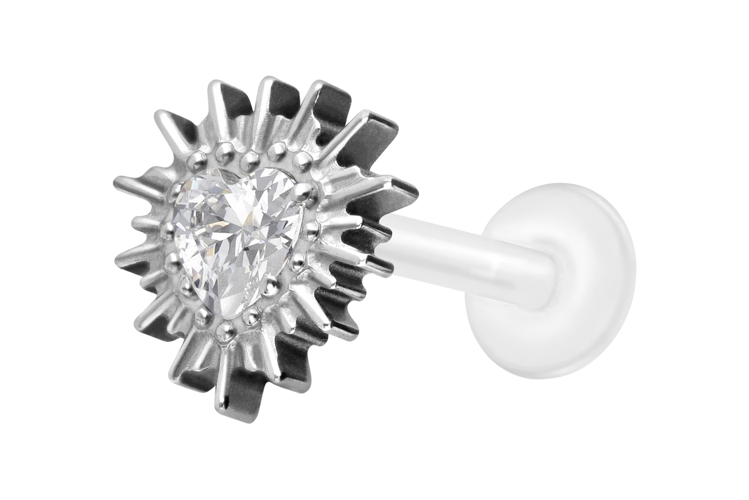 PTFE Labret Piercing mit Innengewinde + Titan-Aufsatz KRISTALLHERZ + SONNENSTRAHLEN
